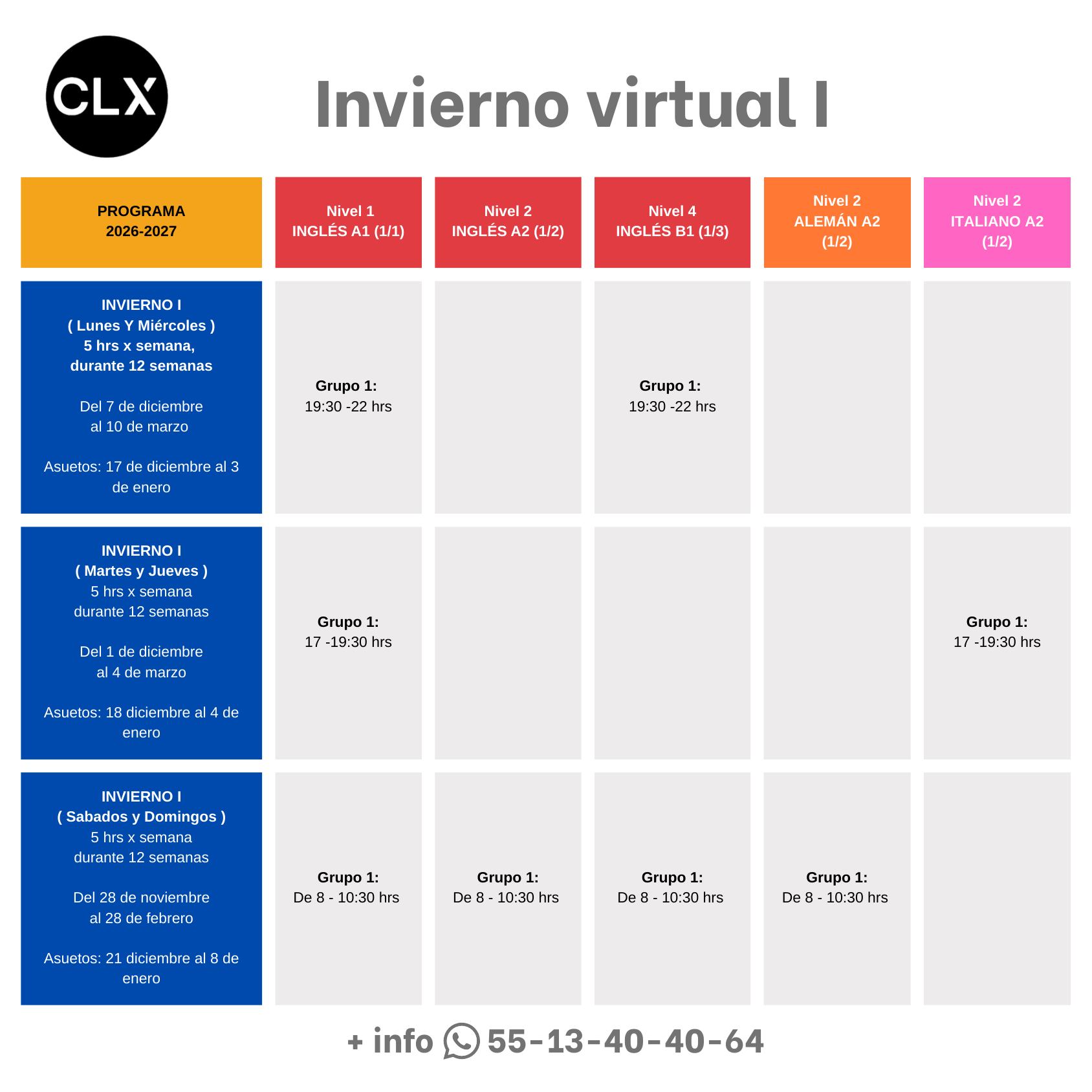 Tabla de horarios del programa Invierno I 2026-2027 para inglés, alemán e italiano